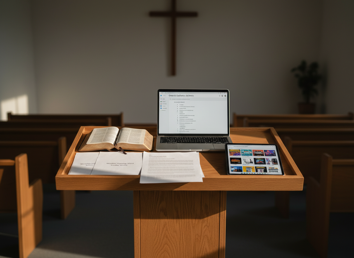 A neatly arranged wooden church podium on a simple stage, holding an open leather-bound Bible beside a laptop displaying a sermon outline, surrounded by neatly stacked printed worship planning documents and song lists. A tablet nearby shows Canva graphics templates with bold, modern sermon series artwork. Soft, diffused morning light from unseen side windows washes over the warm wood tones and crisp white paper, creating gentle shadows and subtle highlights on the screen edges. Photographic realism with a clean, modern aesthetic, shot at eye level with a slight angle, shallow depth of field softly blurring the empty rows of chairs and a minimalist cross in the background, conveying a calm, focused, preparation-driven atmosphere for busy pastors.
